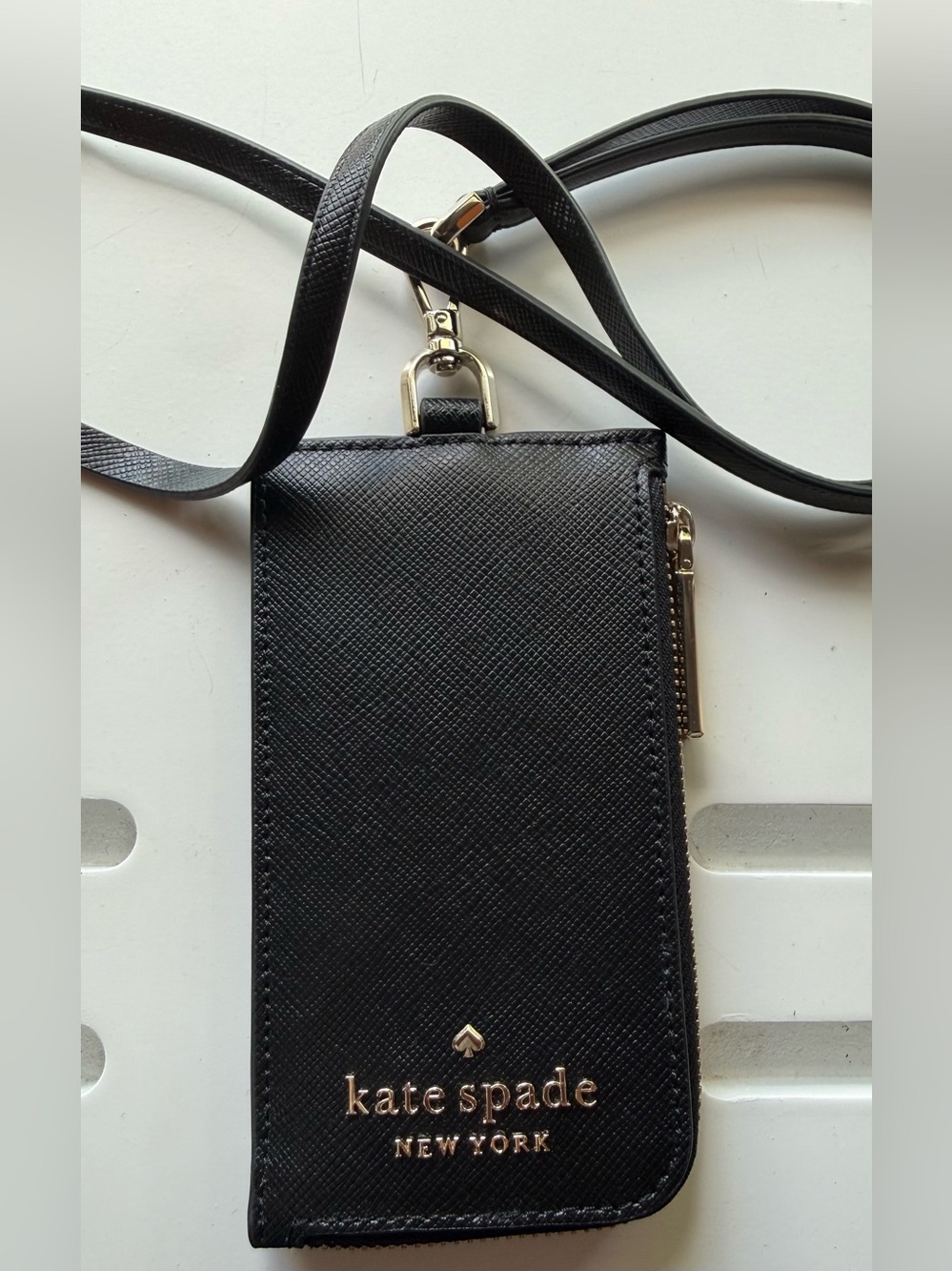 kate spade Black Saffiano Zip Card Holder with Gold Hardware